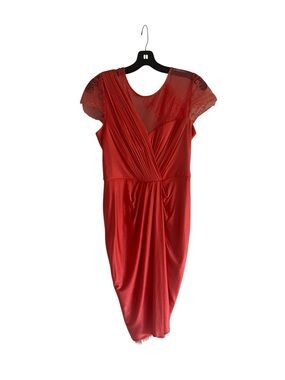 NWT- BCBGMaxAzria Coral-Red Lace Cap Sleeve Draped Midi Dress